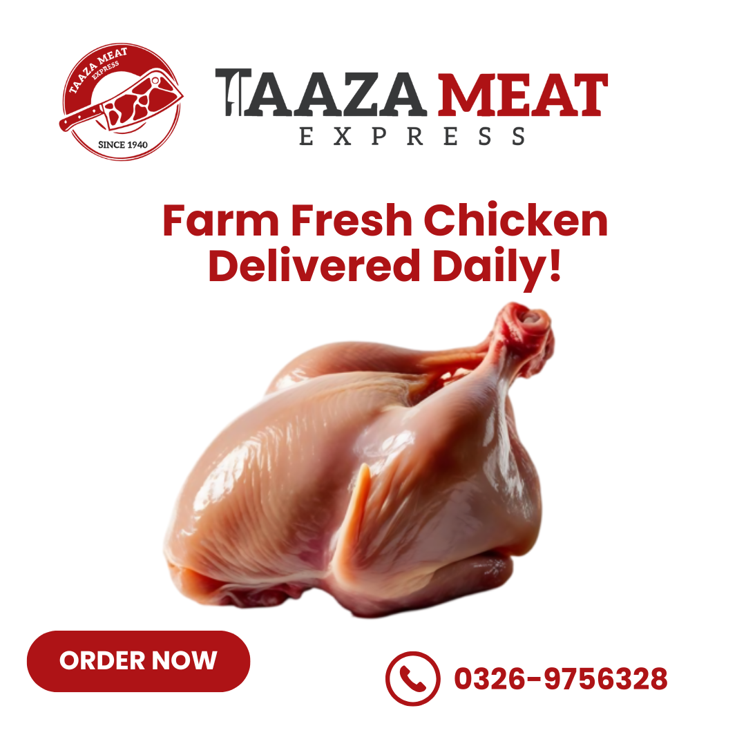 Order fresh halal chicken in Lahore from Taaza Meat Express. Hygienic cuts, fast delivery, and unmatched quality – call 0326-9756328 today!