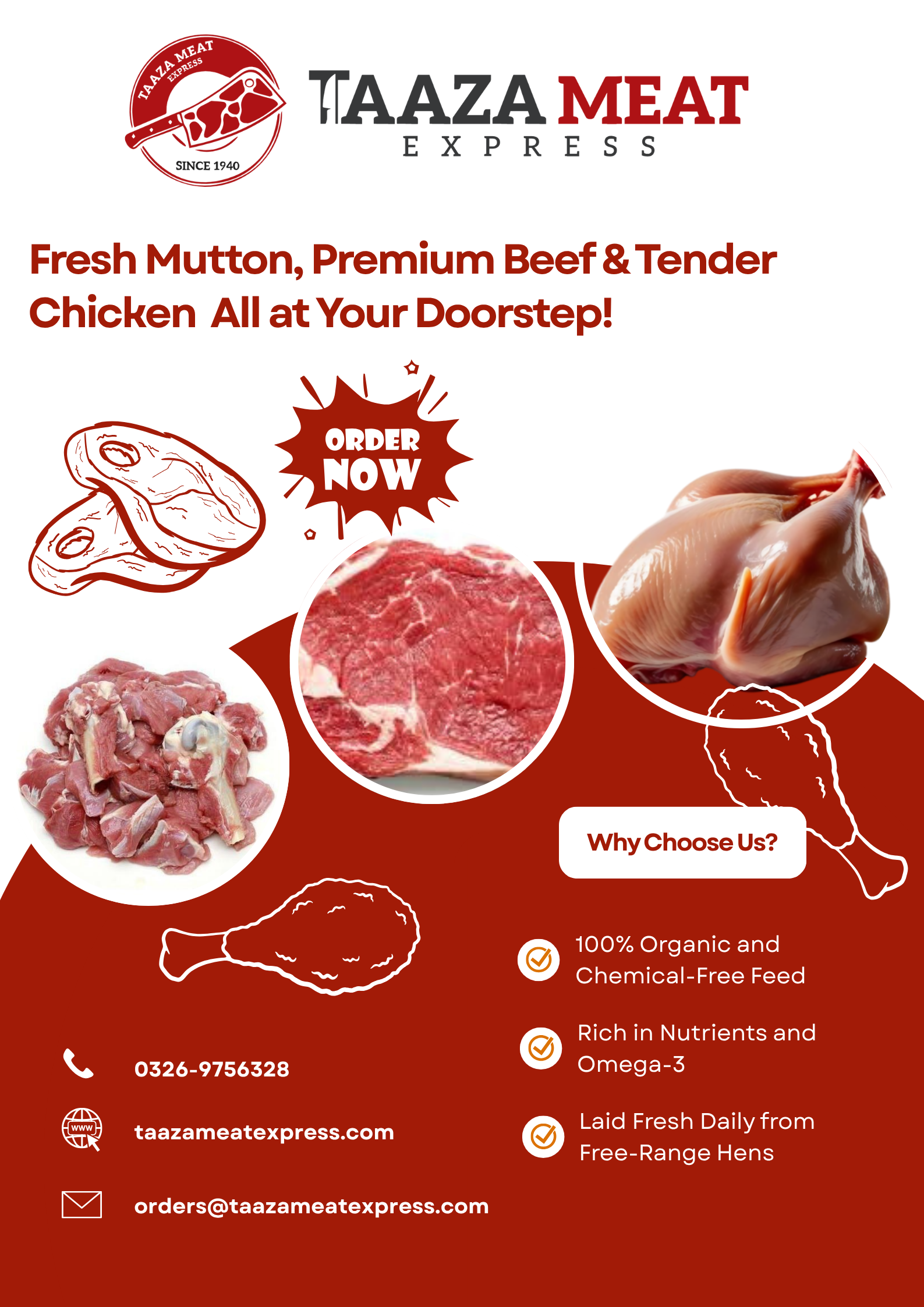 Order fresh beef, chicken, and mutton online in Lahore from Taaza Meat Express. 100% halal, hygienic, and delivered to your door. Call 0326-9756328.