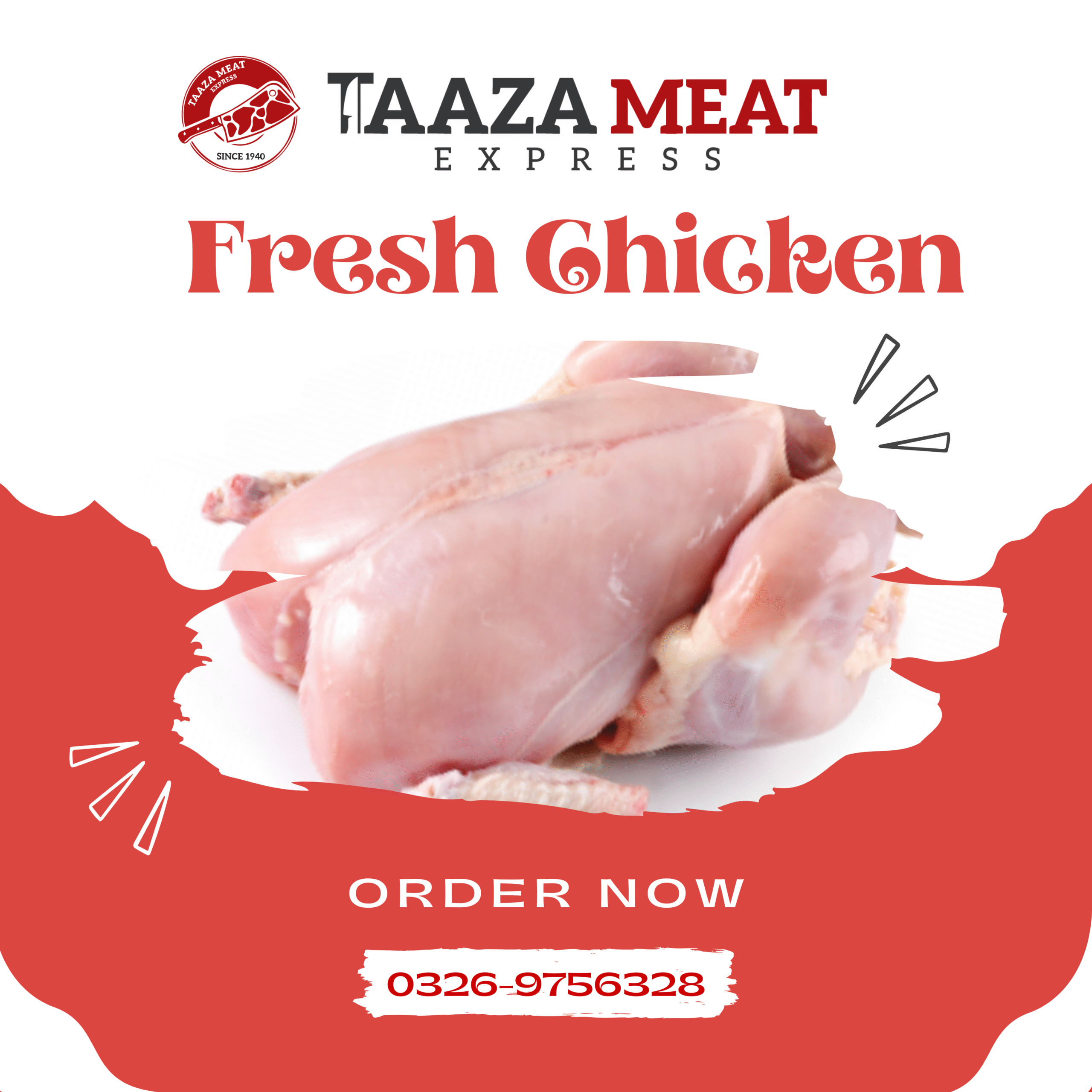 Order fresh chicken online in Lahore from Taaza Meat Express. 100% halal, hygienically packed, and delivered to your doorstep. Call 0326-9756328 now!